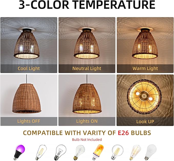 Dark Curry Rattan Pendant Light,13.77" Rustic Hanging Light 1-Pack Brown Wicker Pendant Light Hand-Woven Rattan Chandelier for Public Place Dining Living Bedroom Kitchen Farmhouse