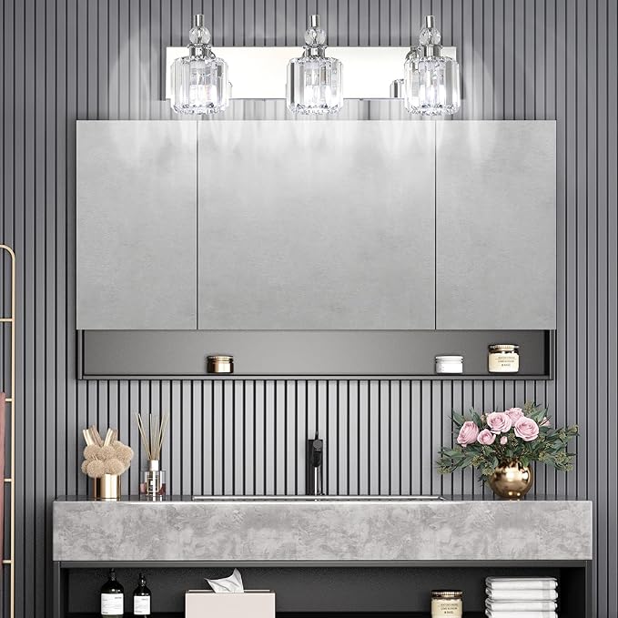 Ralbay Crystal Vanity Light Fixtures 3 Light Modern Crystal Bathroom Lights Fixtures Over Mirror Stainless Steel Chrome Vanity Light for Bathroom Wall Lights Fixtures