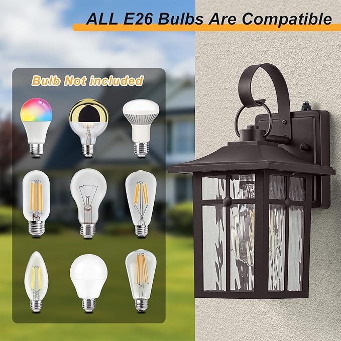 2 Pack Dusk to Dawn Outdoor Lighting, Oil Rubbed Bronze Exterior Light Fixtures with Ripple Glass, Waterproof Aluminum Porch Lights, Outside Lantern Light for Entryway, Garage, Patio