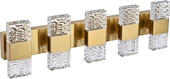 MELUCEE 5 Lights Brass Crystal Vanity Light Bar LED Bathroom Lights Over Mirror Wall Mount, 30.3-Inch 40W LED Modern Vanity Lighting Fixtures for Bath Restroom Powder Room, 3000K Warm Lighting