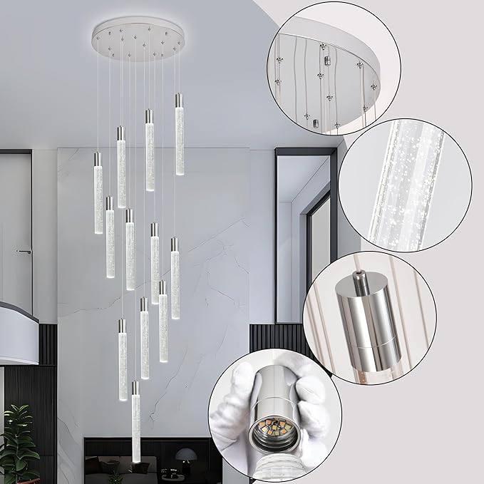 12-Light High Ceiling Chandeliers Modern Chorme Crystal Chandeliers for Entryway Long Spiral LED Dimmable Chandelier Flush Mount Ceiling Staircase Foyer Living Room Ceilings Light Fixture