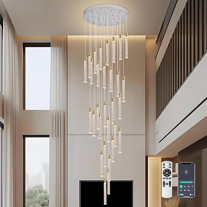 30-Light Chorme High Ceiling Chandeliers Modern Crystal Chandeliers for Entryway Long Spiral LED Dimmable Chandelier Flush Mount Ceiling Staircase Foyer Living Room Ceilings Light Fixture