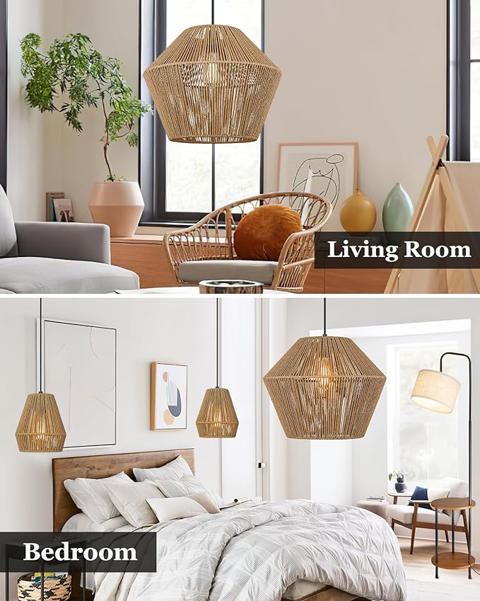 ELYONA Woven Pendant Light, 17” Modern Boho Chandelier Handwoven Rattan Basket Shade, Rustic Pendant Light Fixtures Farmhouse Ceiling Hanging Lamp for Dining Room, Kitchen Bedroom, Entryway, Foyer