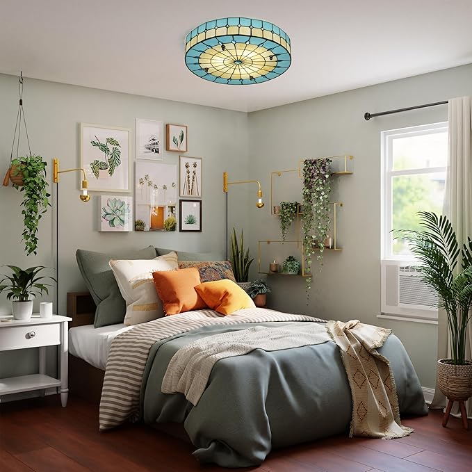 Blue Tiffany Style Ceiling Light, Elegant Stained Glass Flush Mount Ceiling Light, Decorative Round Ceiling Lamp for Bedroom, Entryway (15.7")