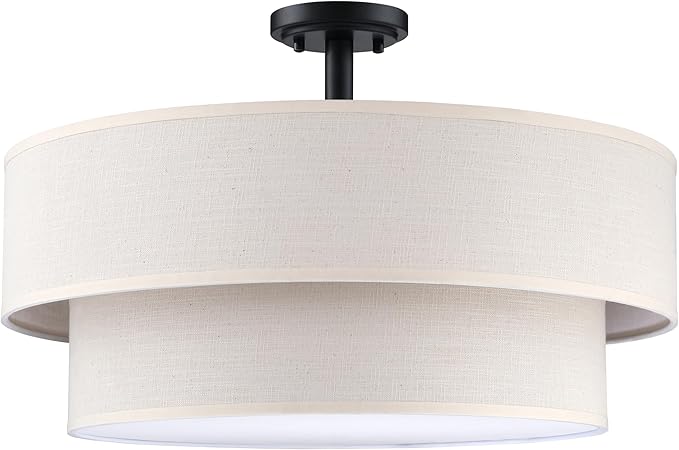 4 Light Semi Flush Mount Close to Ceiling Light Fixture,Cream Linen Fabric Shade Black Finish 20 inch for Bedroom,Living Room,Dining Room Hallway