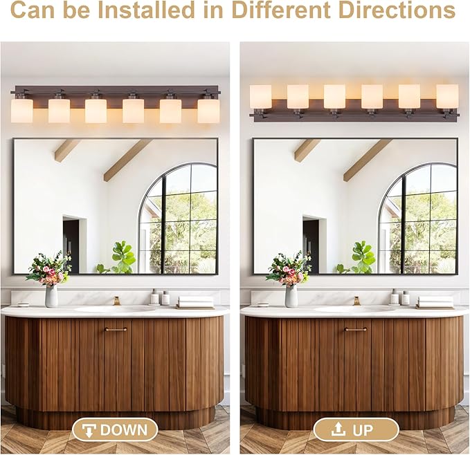6 Light Modern Bathroom Light Fixtures Over Mirror, Bronze Finish Vanity Lights for Bathroom Wall Sconces with Milky White Glass Shades, E26 Socket (Bulbs Not Included)