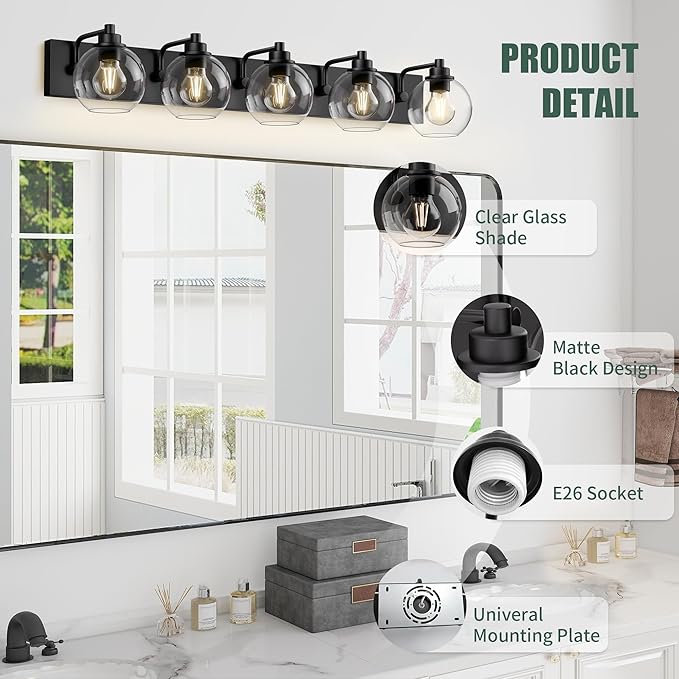Espird 5 Light Bathroom Light Fixtures-Matte Black Bathroom Vanity Lights, Modern Vanity Lights 5-Light Bathroom Lighting Fixtures Over Mirror with Clear Glass Globe Shade