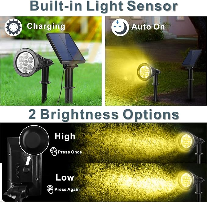 Solar Spotlight Outdoor, Bright 7-LED Flag Pole Spot Light with Separate Panel Waterproof, Dusk-to-Dawn Solar Uplight Flagpole Lights, Landscape Ground Wall Lighting for Garden, Pathway (Yellow, 2pcs)