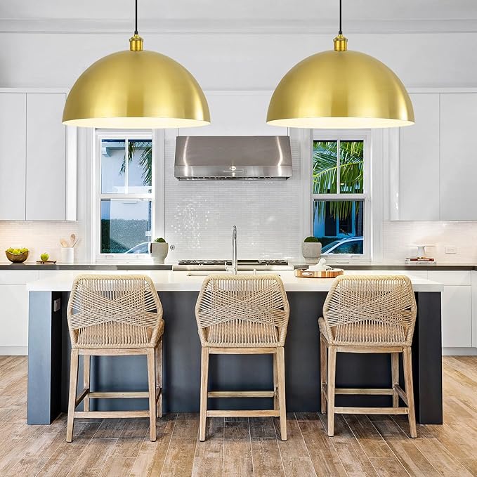 Gold Pendant Light, 20" Farmhouse Ceiling Light with Gold and White, Elegant Semi-Circular Shade Design, Adjustable Height Industrial Dome Pendant Lights for Kitchen Island, Dining Room