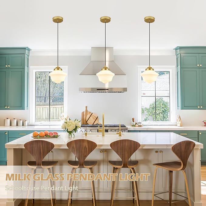 Gold Schoolhouse Light Fixture 8" Milk Glass Light Fixture Mid Century Pendant Light Milk Glass Pendant Light Schoolhouse Pendant Light for Bedroom Dining Room Kitchen (Bulb Incl.)