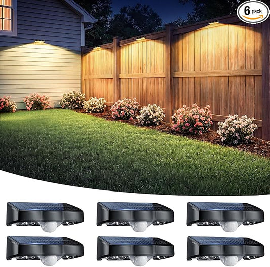 Solar Fence Lights Outdoor with Motion Sensor, 6 Pack Warm White Fence Lights Solar Powered 3 Modes IP65 Waterproof Dusk to Dawn Outdoor Lights for Patio Deck Wall Backyard Garden Decorative