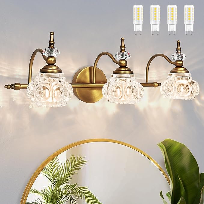 Montex Brass Bathroom Light Fixtures, Gold Vanity Light Vintage, Bathroom Vanity Light Fixtures, Wall Sconces Lighting for Bedroom, Living Room, Hallway, 3 Lights