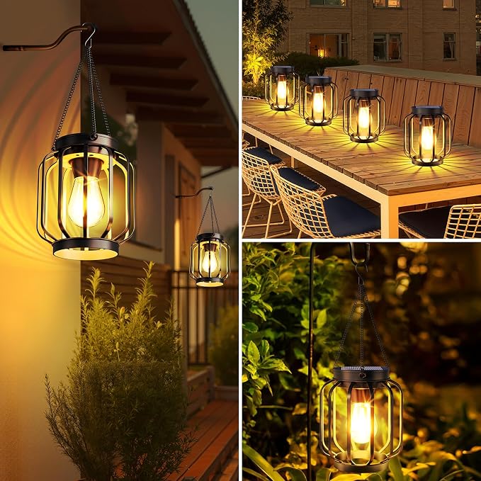 Solar Lanterns Outdoor Waterproof 2 Pack, 14.37'' Metal Hanging Solar Lights for Outside with Auto On/Off & Hook - Brighter Hanging Outdoor Lanterns Decorative Lighting for Garden Patio Yard