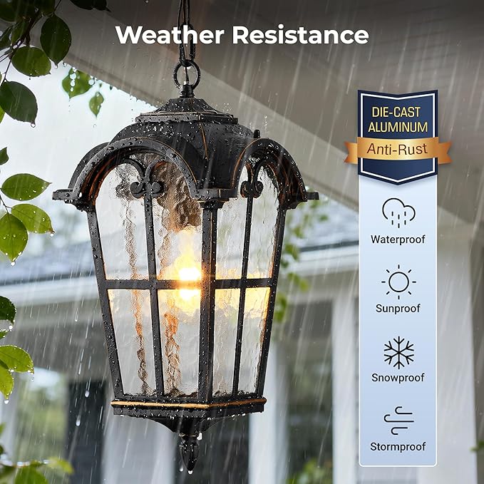 VIANIS Black Large Outdoor Pendant Light, Vintage Outdoor Chandelier with Gold Trim, Outside Hanging Light for Porch, Doorway, Entryway, 100% Aluminum, Anti-Rust Adjustable Length Chandelier