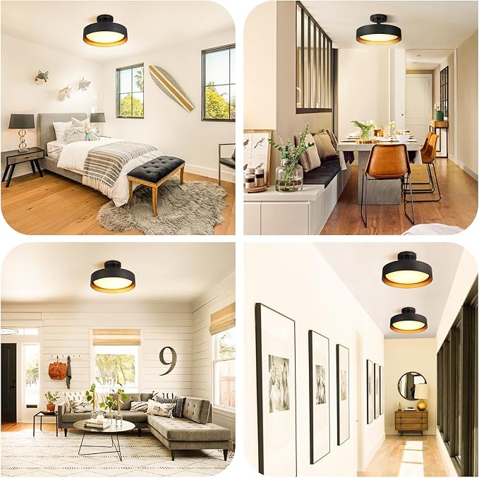 SunRider Semi Flush Mount LED Ceiling Light Fixture, 12-inch 25W 2000LM Black Pendant Lamp for Entrance Attic, Gold Inside, 3000K Warm White, Dimmable