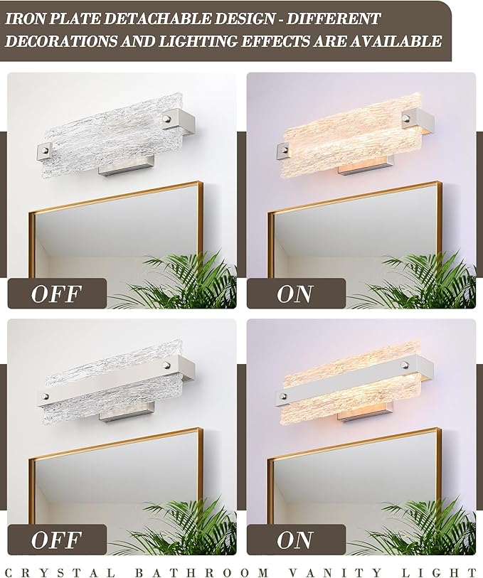 Brushed Nickel Bathroom Vanity Light, 16.5 Inch 10W Dimmable LED Bathroom Light Fixture Over Mirror, Modern Crystal Bar Wall Sconce Lighting for Bath, 3CCT, OS-MM5001-2BN