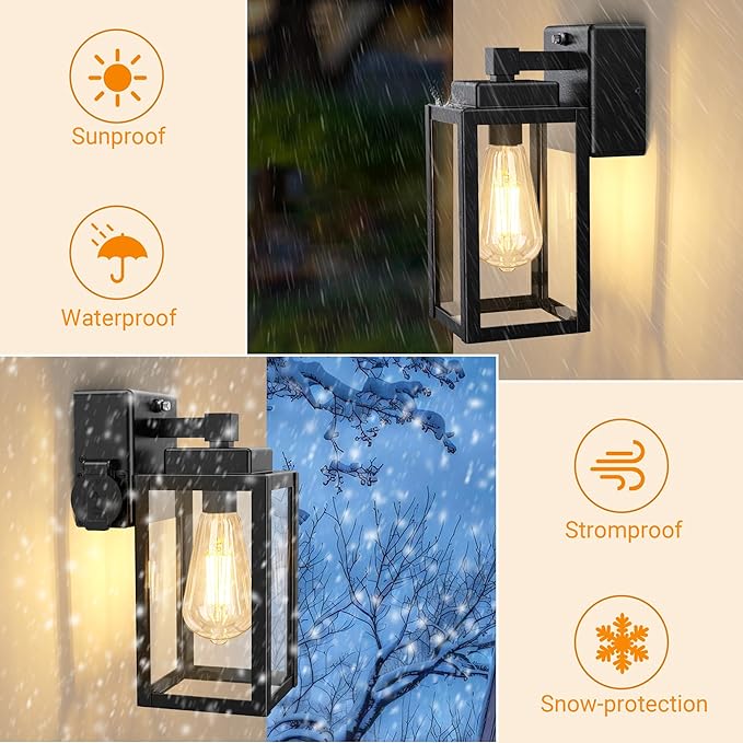WIHTU Outdoor Wall Light Fixtures, Dusk to Dawn Outdoor Wall Sconce with Outlet, 2-Pack, Porch Sconces Mounted Lighting, Porch Lights with E26, Waterproof Wall Lamps for Patio Front Door