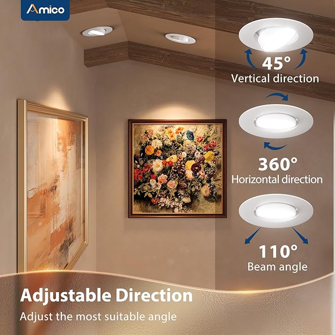 Amico 5/6 Inch Retrofit Eyeball Gimbal Can Lights 6 Pack, Metal Trim, 5CCT LED Recessed Lights Directional Angled Trim Adjustable Ceiling Downlight, 16W=150W, 1500 LM- ETL&FCC