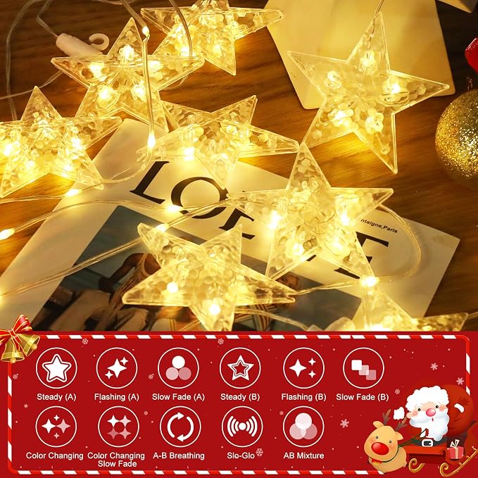 Christmas Window Lights, 76LED 9 Stars IP65 Battery Operated Star Curtain Lights 11 Modes with Timer, Xmas Decoration for Bedroom Wall Indoor Home Deco, Warm White & Multicolor
