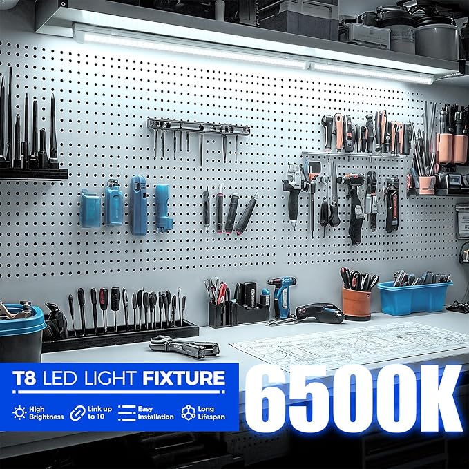 Barrina 6500K 2FT LED Shop Light, 3000LM, 20W, T8 Shop Lights for Garage, Workbench, Cabinet, Workshop, Room, LED Tube Light, Linkable Ceiling Lights Fixture with Built-in ON/Off Switch, ETL, 4 Packs