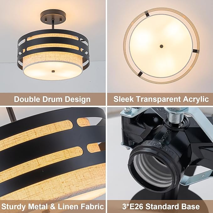 12.6” Drum Semi Flush Mount Ceiling Light Fixture, 3-Light Black Linen Ceiling Lights, Farmhouse Fabric Close to Ceiling Lighting for Bedroom Hallway Kitchen Entryway Foyer Dining Room