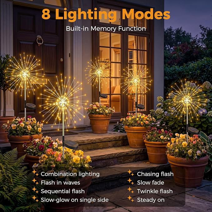 btfarm 6 Pack 120 LED Solar Garden Lights Outdoor, 8 Modes Firework Lights Solar Powered, Waterproof Twinkle Fairy Light Outside for Yard Patio Pathway Pool Christmas Party Decorative, Warm White