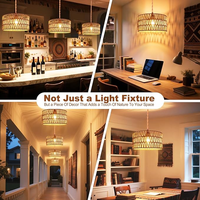 Maliralt Hanging Lamps Rattan Pendant Light Hanging Lights 16.4ft Plug in Cord Pendant Light Fixture Plug Into Wall Outlet Pendant Lighting with On Off Switch for Bedroom Living (Cylindrical Shade)