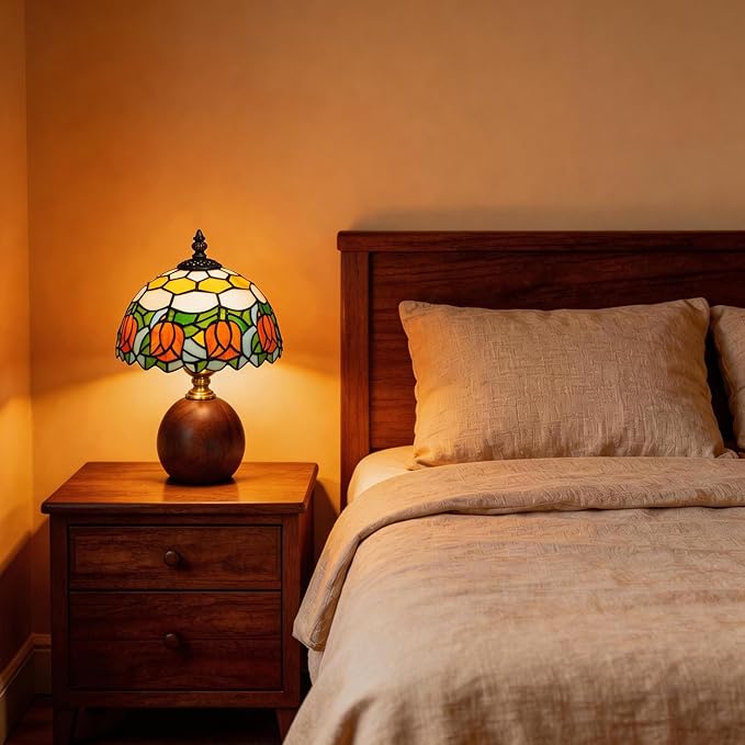12.2" Tiffany Style Lamp, Handcrafted Stained Glass Table Lamp with Solid Wood Base, 3-Color Dimmable Bedside Lamp for Nightstand & Bedroom, Vintage Aesthetic Accent Light