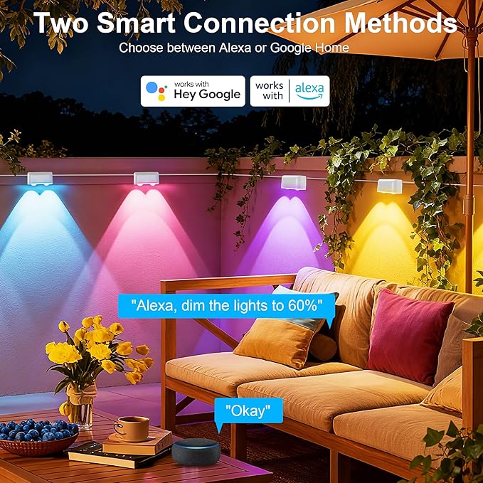 Outdoor Deck Lights, 8 Lights Smart Fence Lights Compatible with Alexa & Google Home, IP65 LED Patio Deck Lighting with Remote, Fence Lighting Music Sync for Patio Yard Garden(52.4ft)