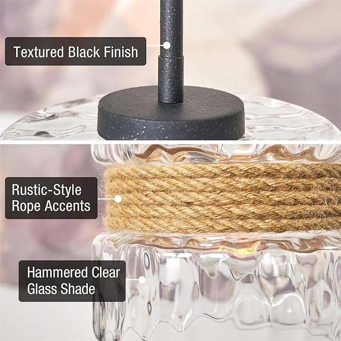 Kira Home Sage 10" Farmhouse Hammered Glass Pendant Light with Natural Rope Accent, Industrial Cylinder Glass Shade Hanging Light, Textured Black Finish