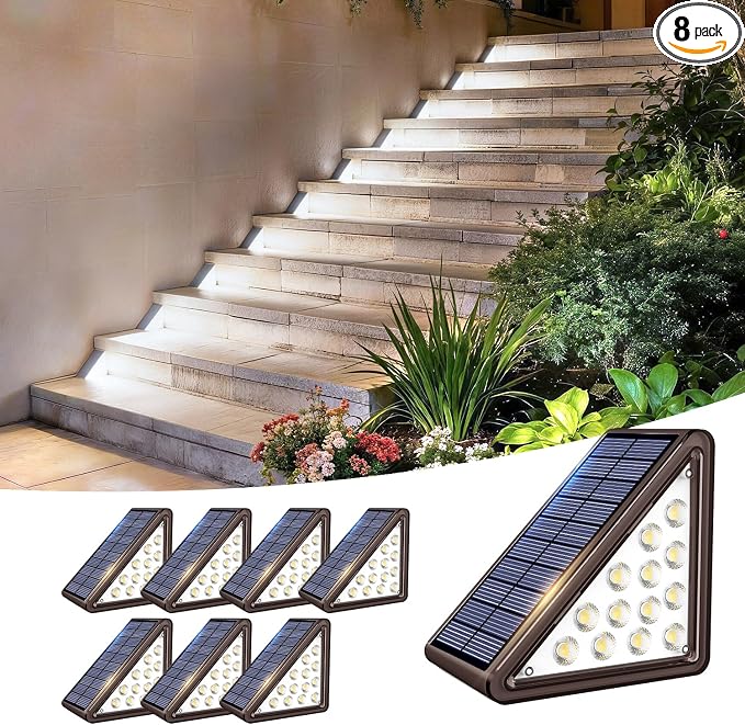 JEJOT Solar Step Lights Outdoor Waterproof IP65,Cool White Brown Solar Stair Lights, Outdoor Light Decor for Stair, Deck, Step, Porch and Outside Patio, 8 Pack