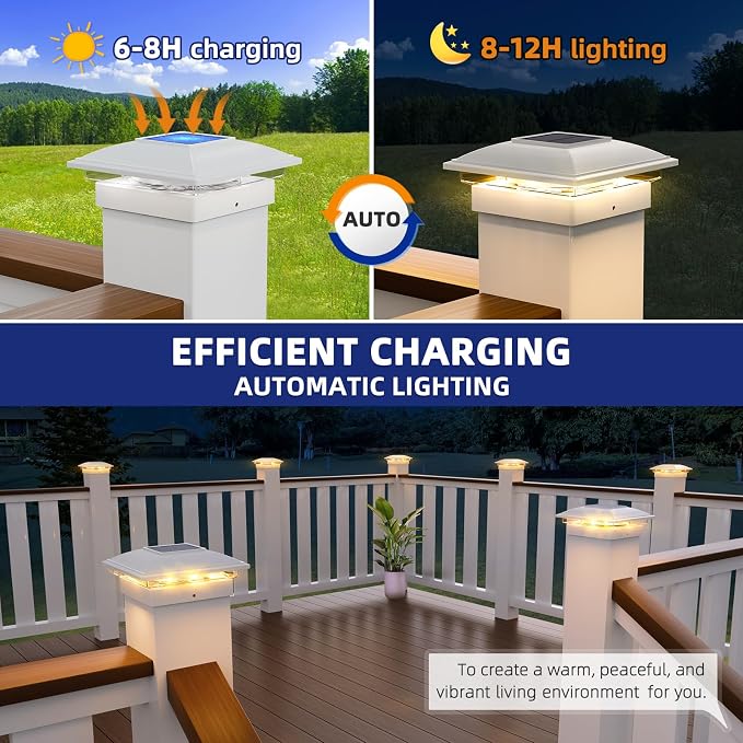 APONUO 8 Pack Solar Post Cap Lights, 2 Modes(Warm/Cool Light) Outdoor Waterproof Fence Post Solar Lights, Solar Powered Garden, Patio, Deck Decor for 4x4, 5x5, 5.5x5.5 Wood & Vinyl Posts, White