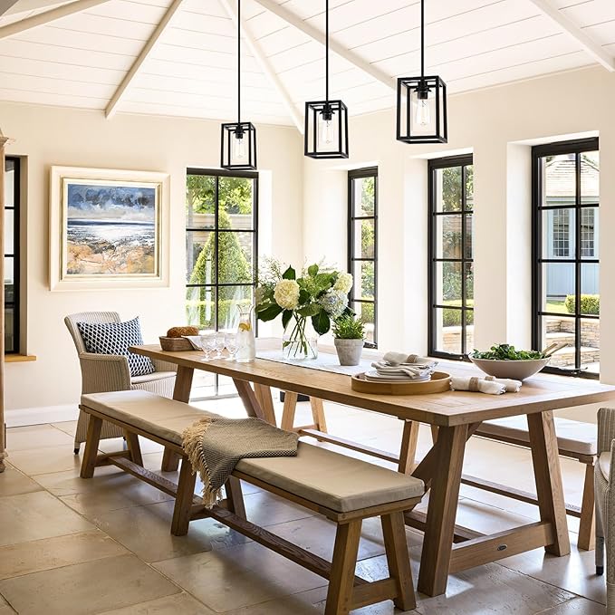 Matte Black Farmhouse Pendant Light Fixtures, Pendant Lights for Kitchen Island, Rectangle Linear Metal Hanging Lighting Fixture Ceiling Mount with Clear Glass Shade E26 Base for Dining Room, 3 Pack