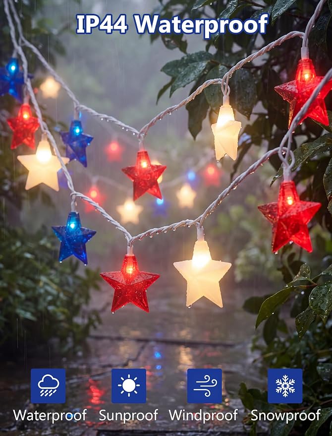 10 LED Red White Blue Star String Lights Outdoor, 8.5Ft 4th of July Decorations Lights Waterproof, Connectable Plug in Patriotic Star Fairy Lights for Home Patio Independence Day Memorial Day Flag Day