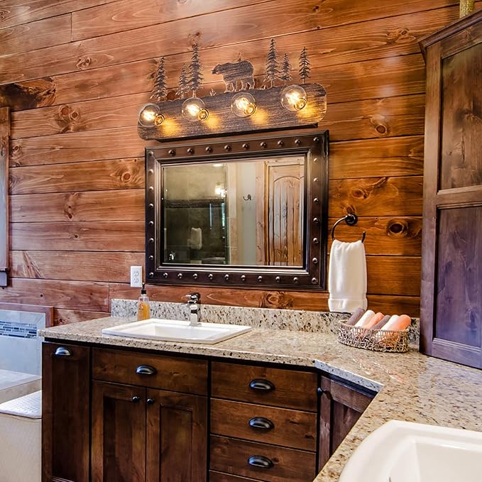 TOCHIC Rustic Bathroom Light Fixtures, 4 Lights Farmhouse Bathroom Vanity Light Over Mirror Dimmable, Western Bear Sconces Wall Lighting for Mirror Cabinets, Powder Room, Living Room, Bronze, 26”L