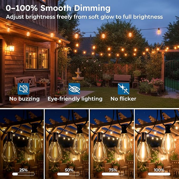 GvvooHome 100FT Outdoor String Light with S11 Plastic Bulbs, Low-Voltage LED Patio Light with App & Remote, Music Sync, 4 Lighting Modes, Dimmable & Waterproof for Backyard, Porch, Garden, Deck, Party