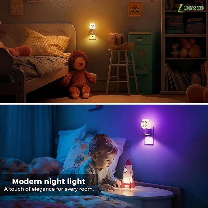 L LOHAS LED Night Light for Kids, 3D Owl Night Light Plug in, Dusk to Dawn Nursery Night Lights, RGB+Soft White 3000K, 3 Lighting Modes, Room Decor, Children