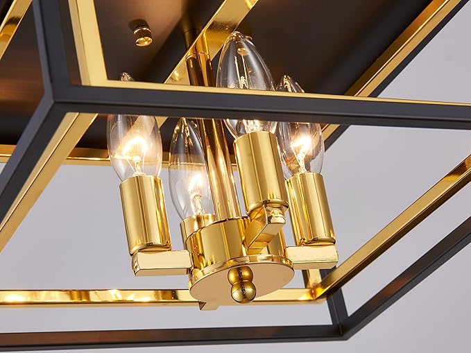 Square Ceiling Light, 4-Light Flushmount Modern Close to Ceiling Light Fixture for Living Room, Bedroom, Dining Room, L13 x W13 x H7 inch, Black & Gold Finish Frame