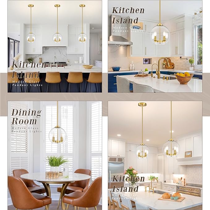 10" Gold Pendant Lights Glass Globe Pendant Light Fixture Bedroom Mid Century Modern Pendant Lighting Brass Pendant Light for Kitchen Island Bedroom Living Room Dinning Room (Bulb Incl.)