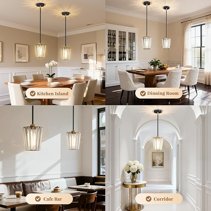 Crystal Pendant Lights Kitchen Island 2 Pack, Modern Black Gold Pendant Light Fixtures Mini Adjustable Chandeliers for Kitchen Island Dinning Room Bedroom Hallway with E26 Base (Bulbs Not Included)