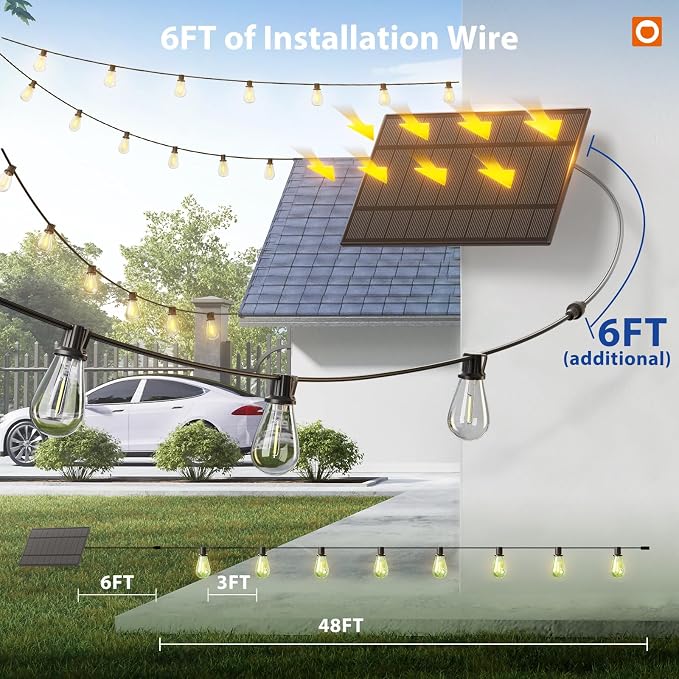 addlon 54FT(48FT+6) Solar String Lights Outdoor Waterproof with USB Port & Remote Control Solar Patio Lights for Outside Solar Powered with 16 LED Dimmable Bulbs for Porch Garden Deck Halloween