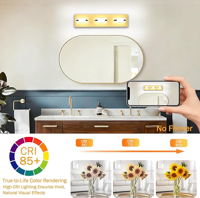 LED Bathroom Light Fixtures, 3-Light Modern Vanity Lights with Milky White Frosted Acrylic Shades, Gold Bathroom Lighting fixtures Over Mirror, ETL Listed, 20W (Cool White 5700K)