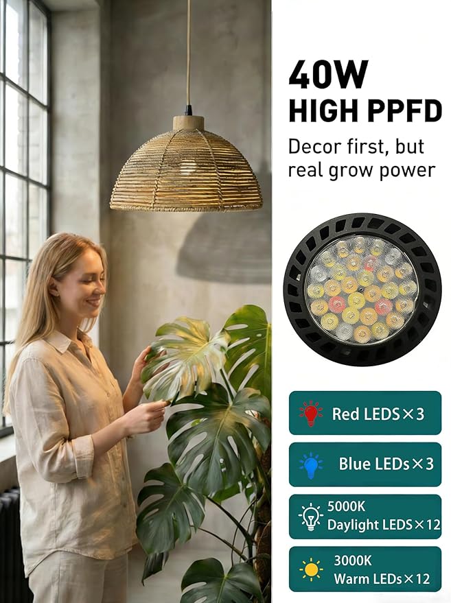 40W Boho Rattan Hanging Grow Light, Full Spectrum Pendant Light for Indoor Plants, 15ft Plug-in Cord & Mechanical Timer, Wabi-Sabi Decor for Monstera, Fiddle Leaf Fig & Tall Plants