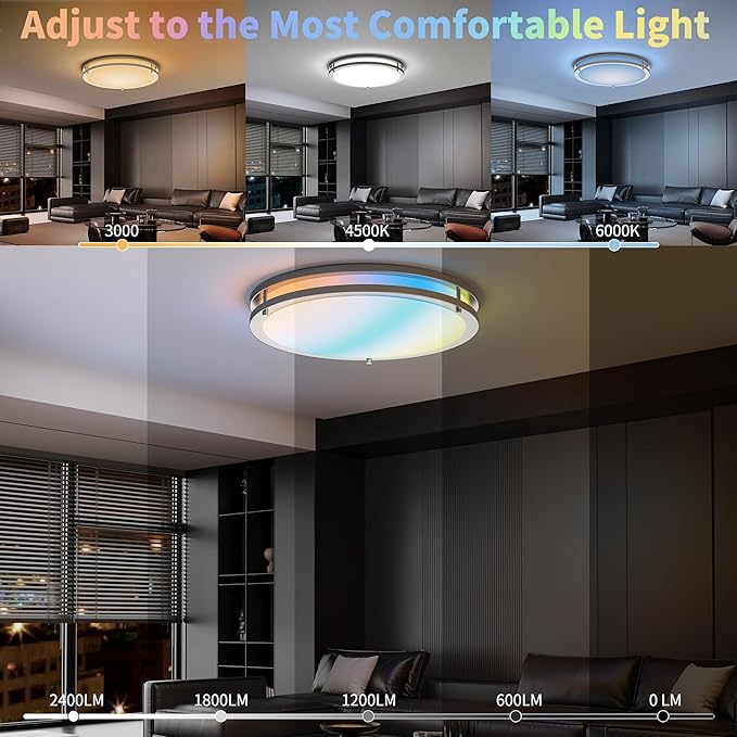 Kalium Ceiling Lights Flush Mount with Remote: LED Silver Ceiling Lighting 8 Modes Dimmable Color, Adjustable Temperature for Bedroom, Living Room, Kitchen (16 Inch)