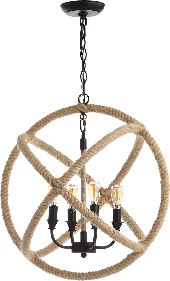 JONATHAN Y 20" Black/Brown 4-Light Iron and Rope Globe Pendant Light, Adjustable Height Coastal Farmhouse Chandelier for Kitchen Island Dining Room, LED Bulbs Included JYL9041A