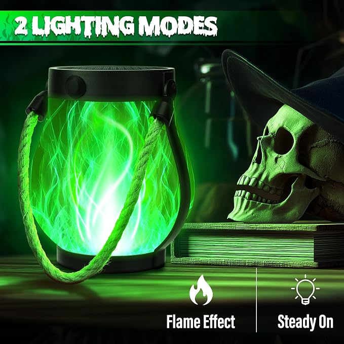 iBaycon 1 Pack Gen2 Solar Lantern Lights USB Halloween Flame Lamp, Green | Solar Garden Lights with Dual Charging USB & Solar, 2 Modes Outdoor Waterproof Hanging Lantern for Home Halloween Decor