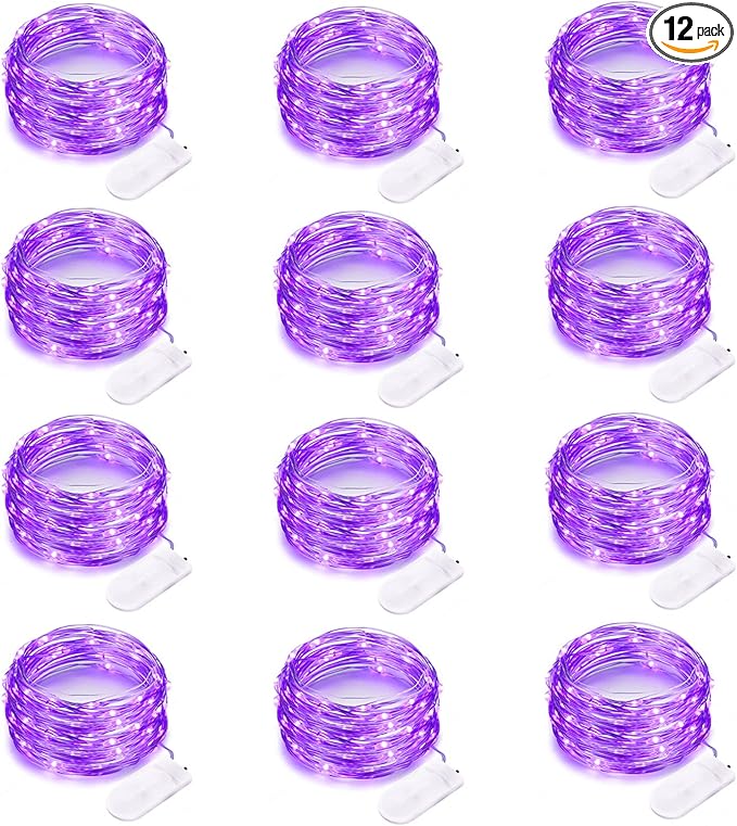 12 Pack Purple Halloween Lights Battery Operated String Lights 7 Feet 20 Led Fairy lights Waterproof Mini Lights Silver Wire for DIY Indoor Outdoor Xmas Bedroom Holiday Halloween Party Decorations
