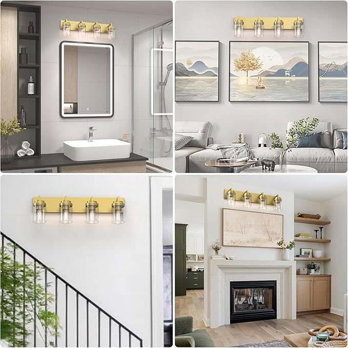 Espird Bathroom Lighting Fixtures, 4-Light Bathroom Vanity Lights Over Mirror, Brass Vanity Light with Glass Shade, Modern Vanity Lighting Fixtures for Bedroom, Hallway