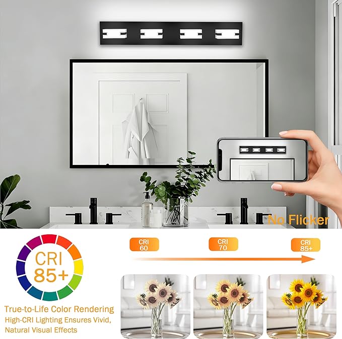 LED Bathroom Light Fixtures, 4-Light Modern Vanity Lights with Milky White Frosted Acrylic Shades, Matte Black Bathroom Lighting fixtures Over Mirror, ETL Listed, 27W (Cool White 5700K)