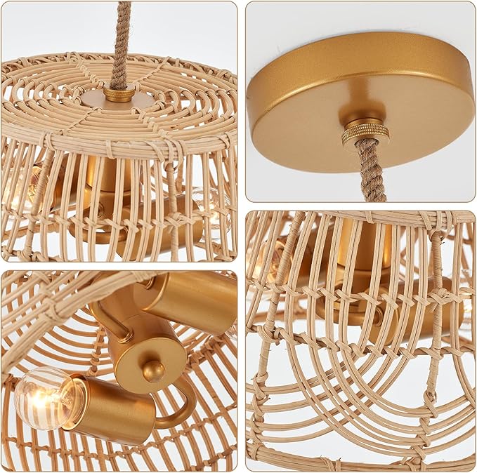Woven Rattan Bamboo Brass Pendant Lights，Wicker Light Fixture Hanging Lamp for Entryway Bedroom Hallway Kitchen Island Corridor Foyer Passway 2-Light
